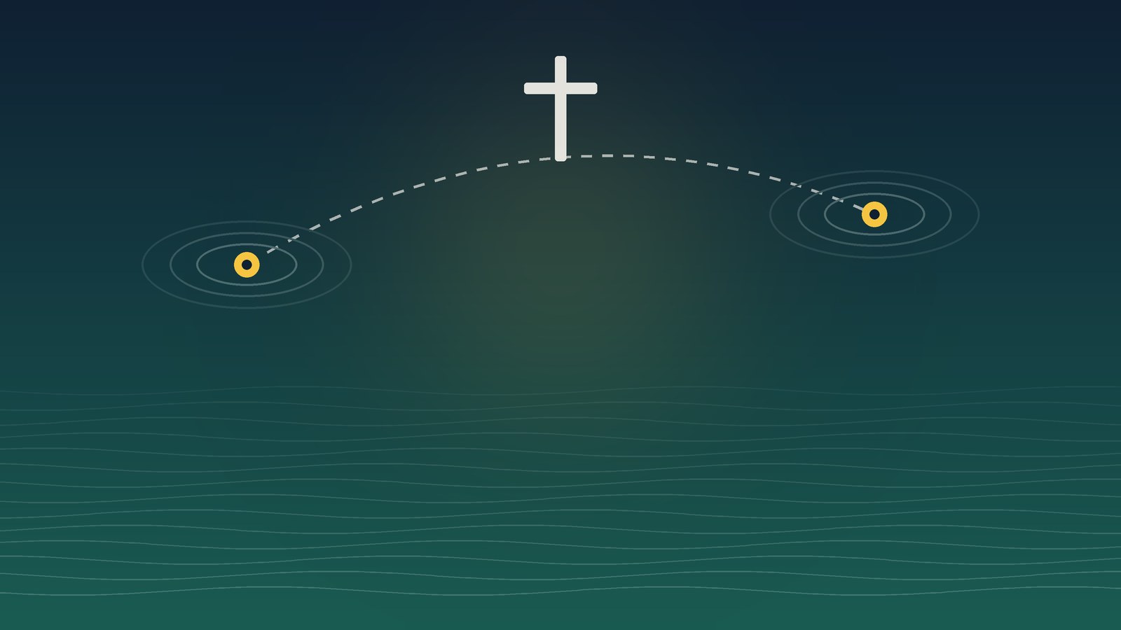Graphic of a dashed line linking map markers for Lubbock, Texas, and Boone, North Carolina, with a cross above the line and water below