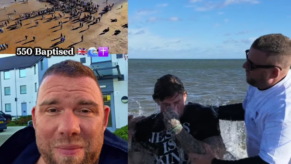 Drone view of the crowd on Bridlington beach and a man baptized in the North Sea