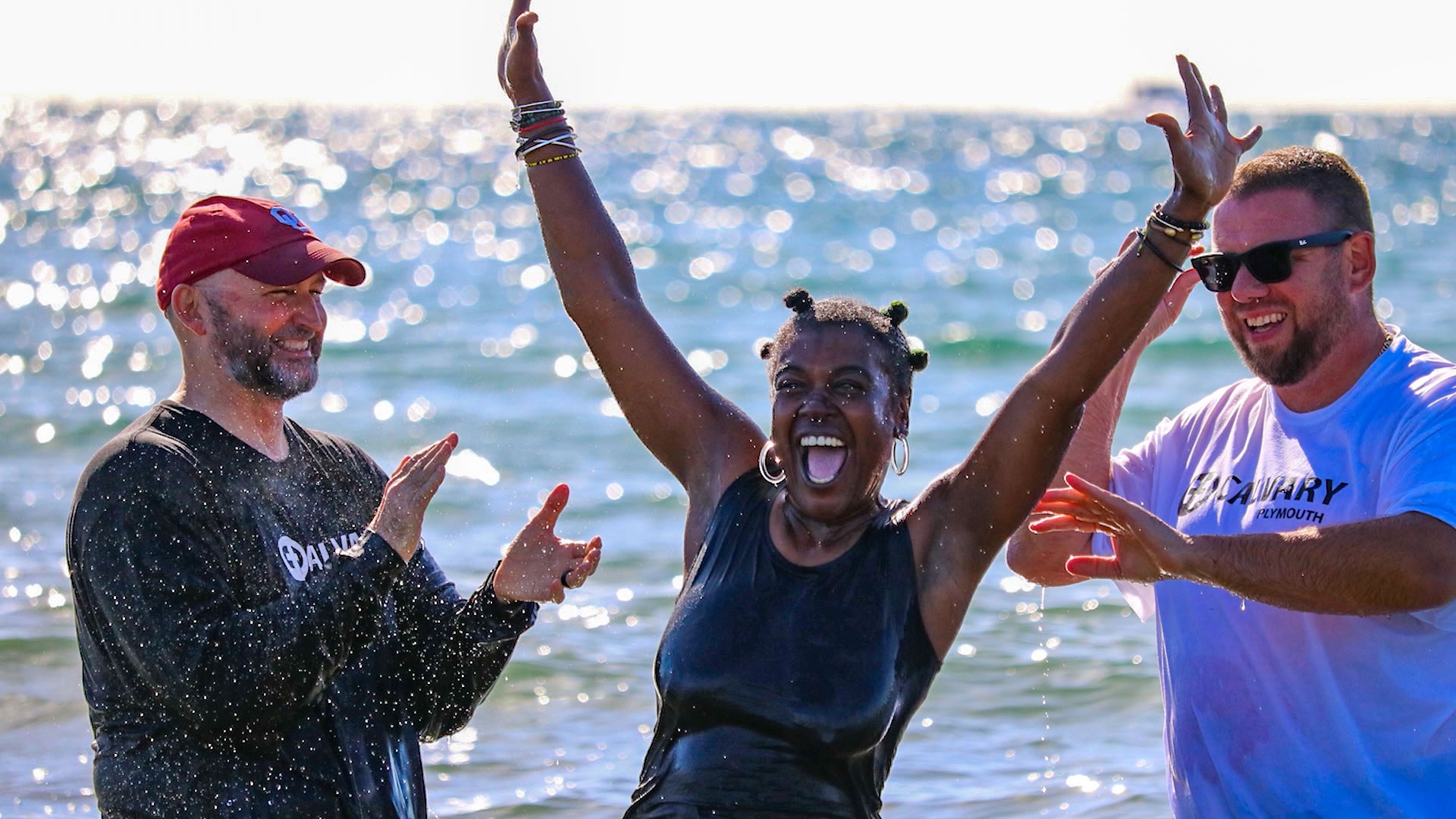Ocean baptisms at Bigbury-on-Sea, photographed for CBN's report on the BibleLadUK gathering